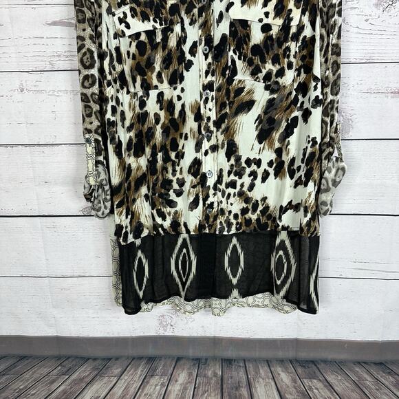 John Mark Shirt Top Womens Medium Brown Animal Print Art Light Weight Boxy - Picture 3 of 9